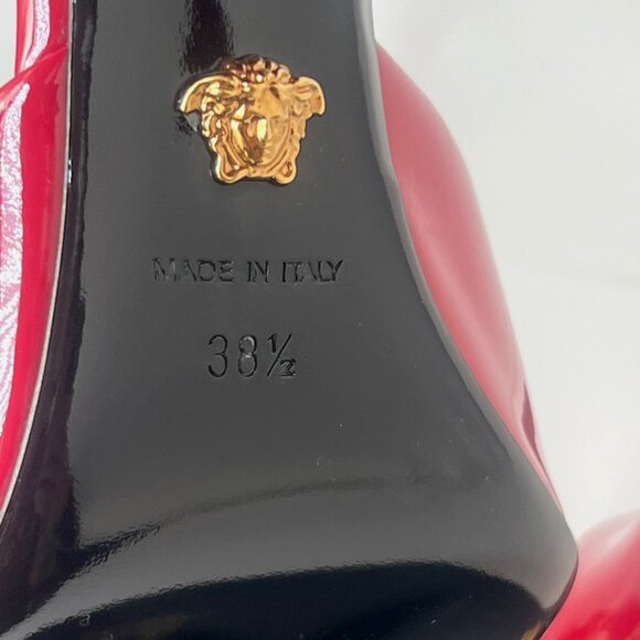 Versace Opera Bow Slides Women Red Leather Heels Medusa Sandals Size 38.5 US8.5 - Picture 9 of 12